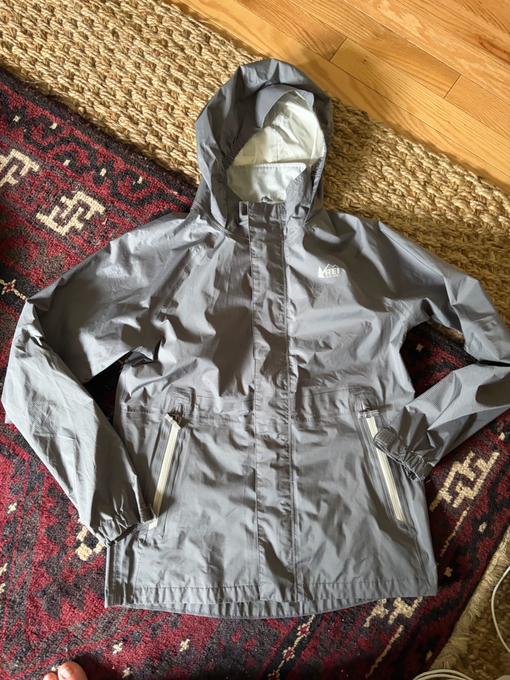 REI Co-op Light Gray Hooded rain jacket youth large